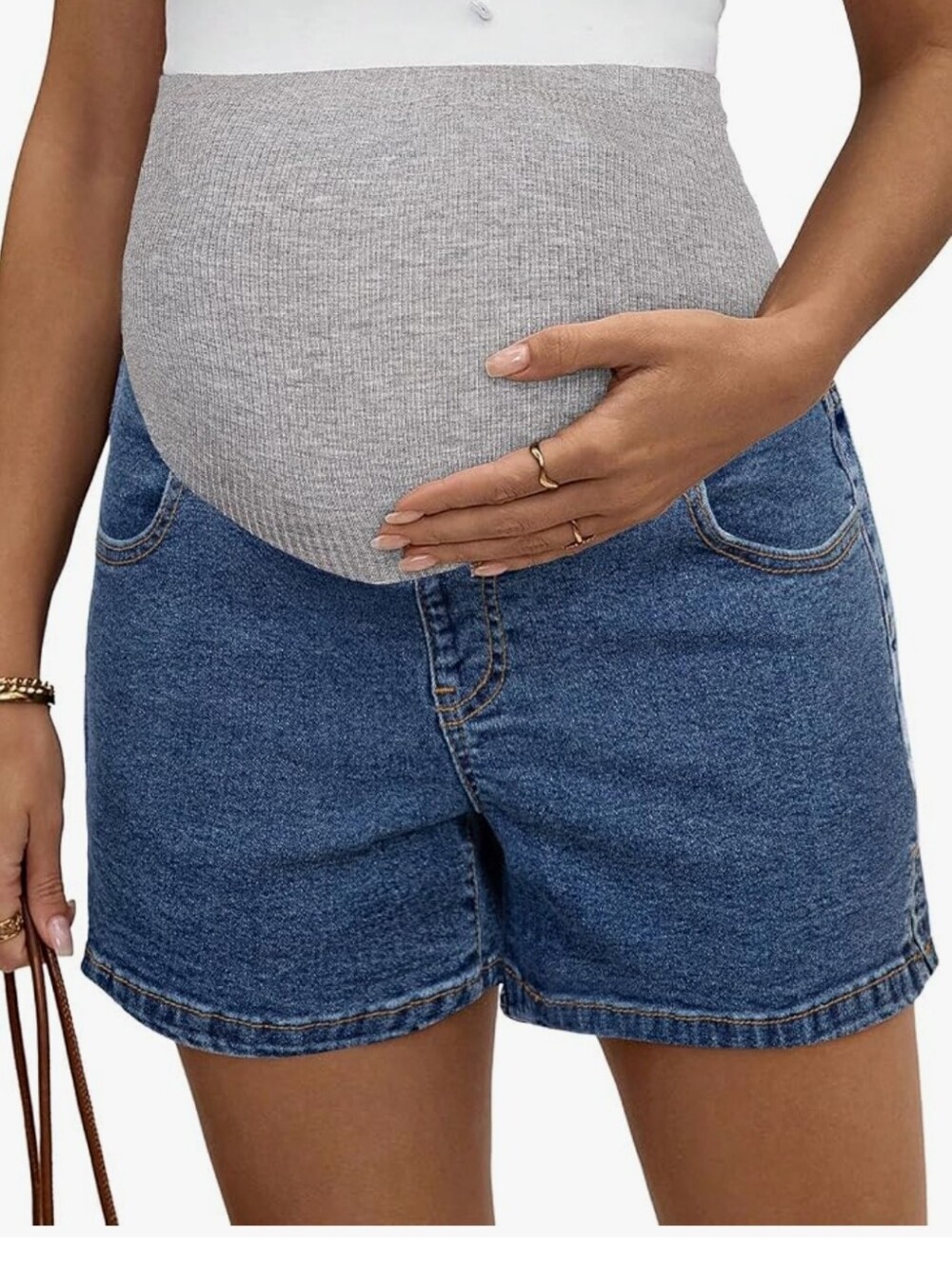 Maternity Blue Denim Shorts With Grey Flanel Panel Comfortable Stretch Waist XL
